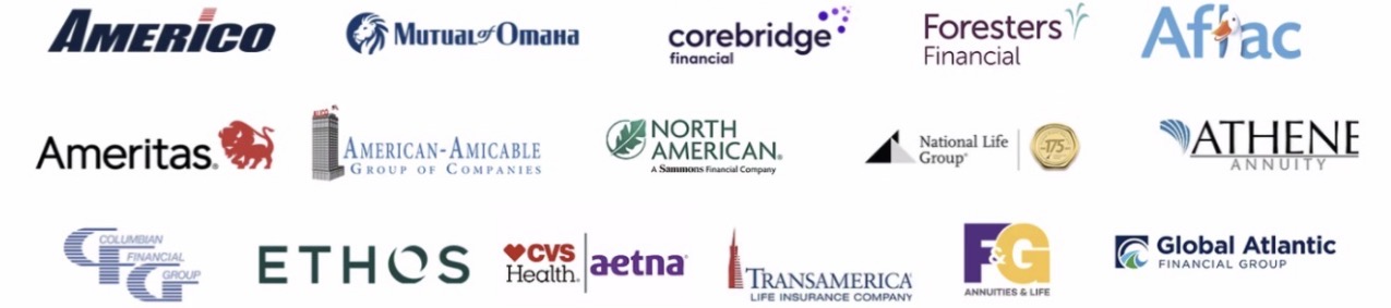 Americo, Mutual of Omaha, Corebridge Financial, Foresters Financial, Aflac, Ameritas, American-Amicable, North American, National Life Group, Athene, Columbian Financial Group, Ethos, Aetna, Transamerica, F&G y Global Atlantic Financial Group